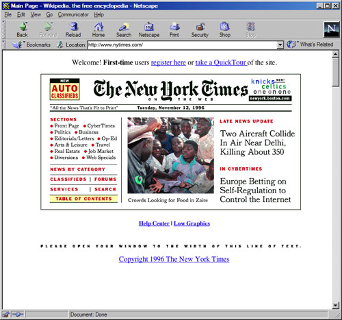 NYTimes.com homepage on Netscape Navigator browser (1996)
